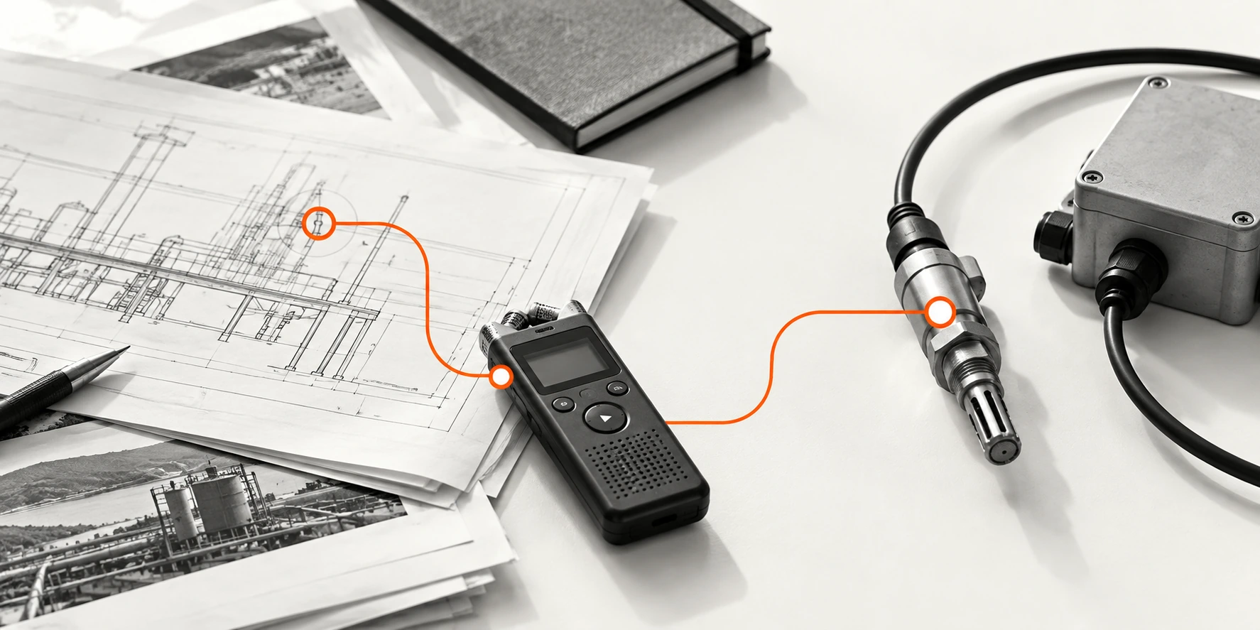 A document, a conversation recorder and a field sensor joined by an orange route.